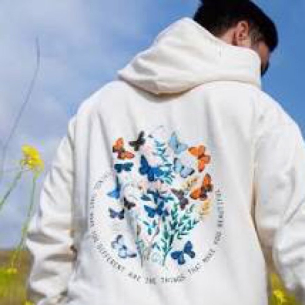 Seek Discomfort “You Are Not Alone” Butterfly Garden Hoodie, Men’s size Large